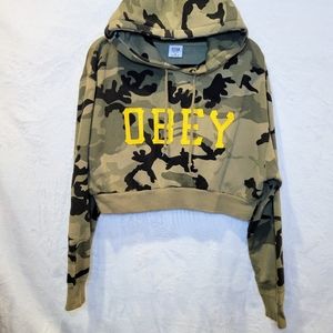Obey Women's Cropped Camo Hoodie with Yellow Logo